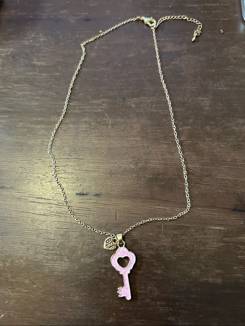 Gold-Tone Necklace with Pink Heart Key Pendant